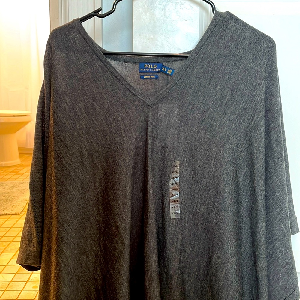 Gray Merino Wool Ralph Lauren shawl sweater NWT